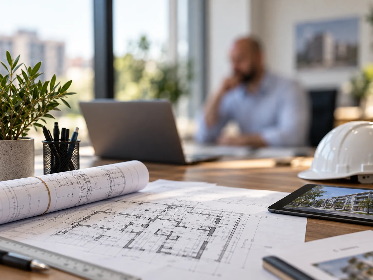 Bureau d’études EXE8 : plans, ordinateur et casque de chantier